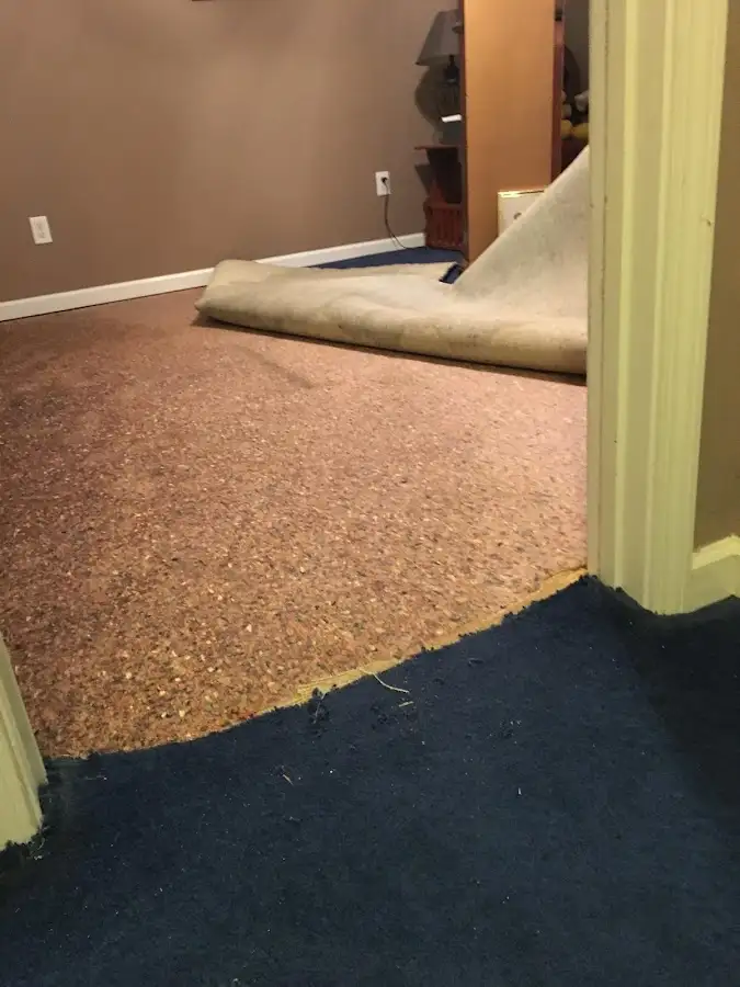 Carpet pad removal revealing water damage during Drying & Dehumidification in Bondurant